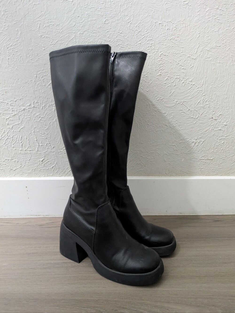 Madden NYC Black Knee-High Platform Chunky Block Heel Boots
